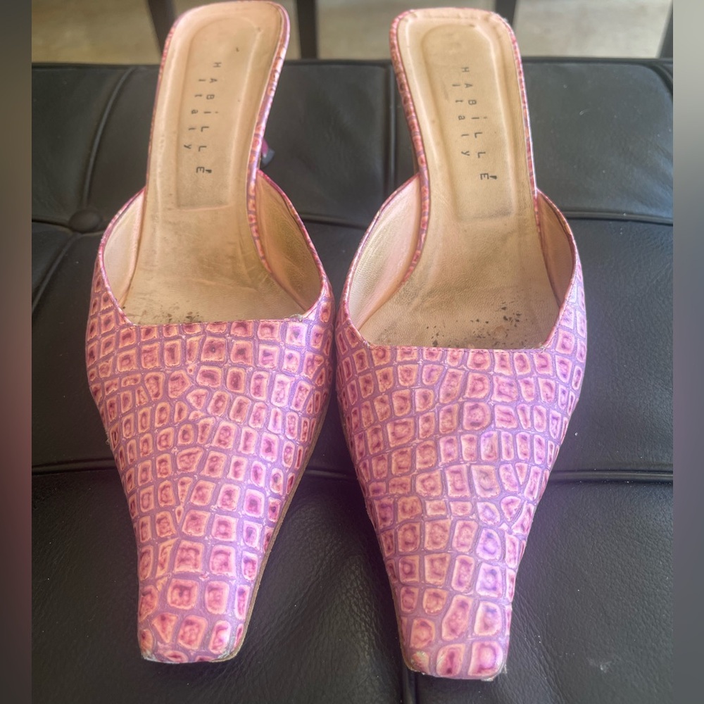 Pink Croc-Embossed Mule Heels